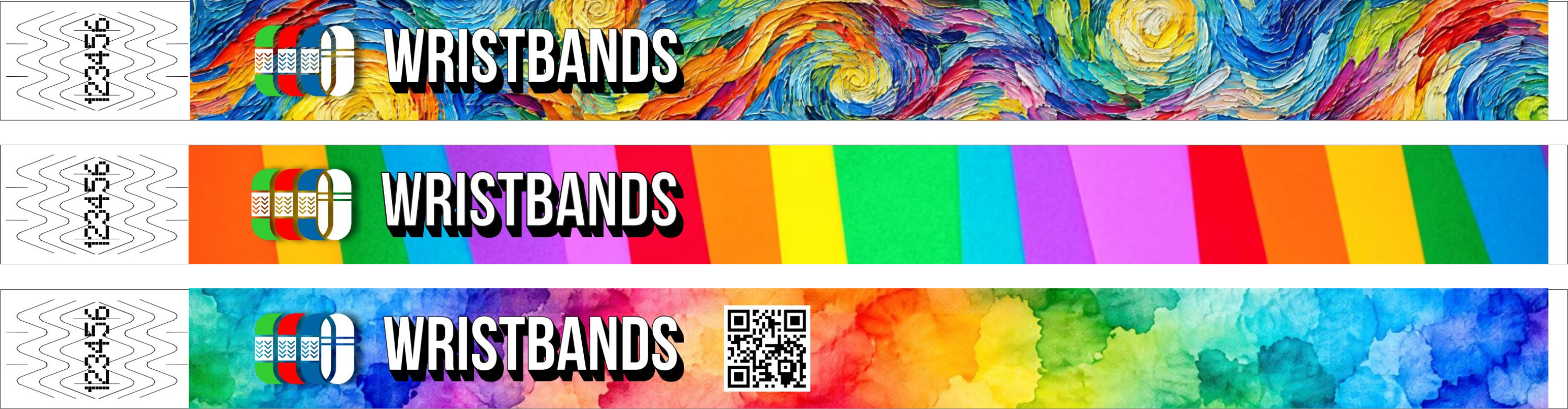 Tre braccialetti stampati a colori: un dipinto, blocchi di colore e un QR code