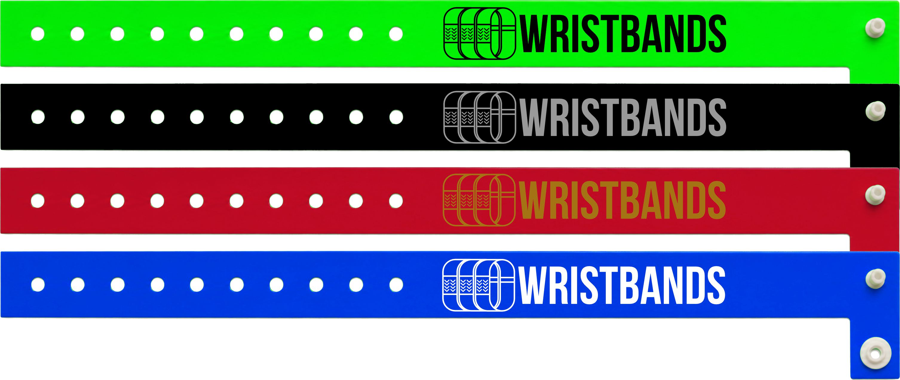 Quattro braccialetti in vinile: stampa nera su verde fluo, argento su nero, oro su rosso e bianca su blu