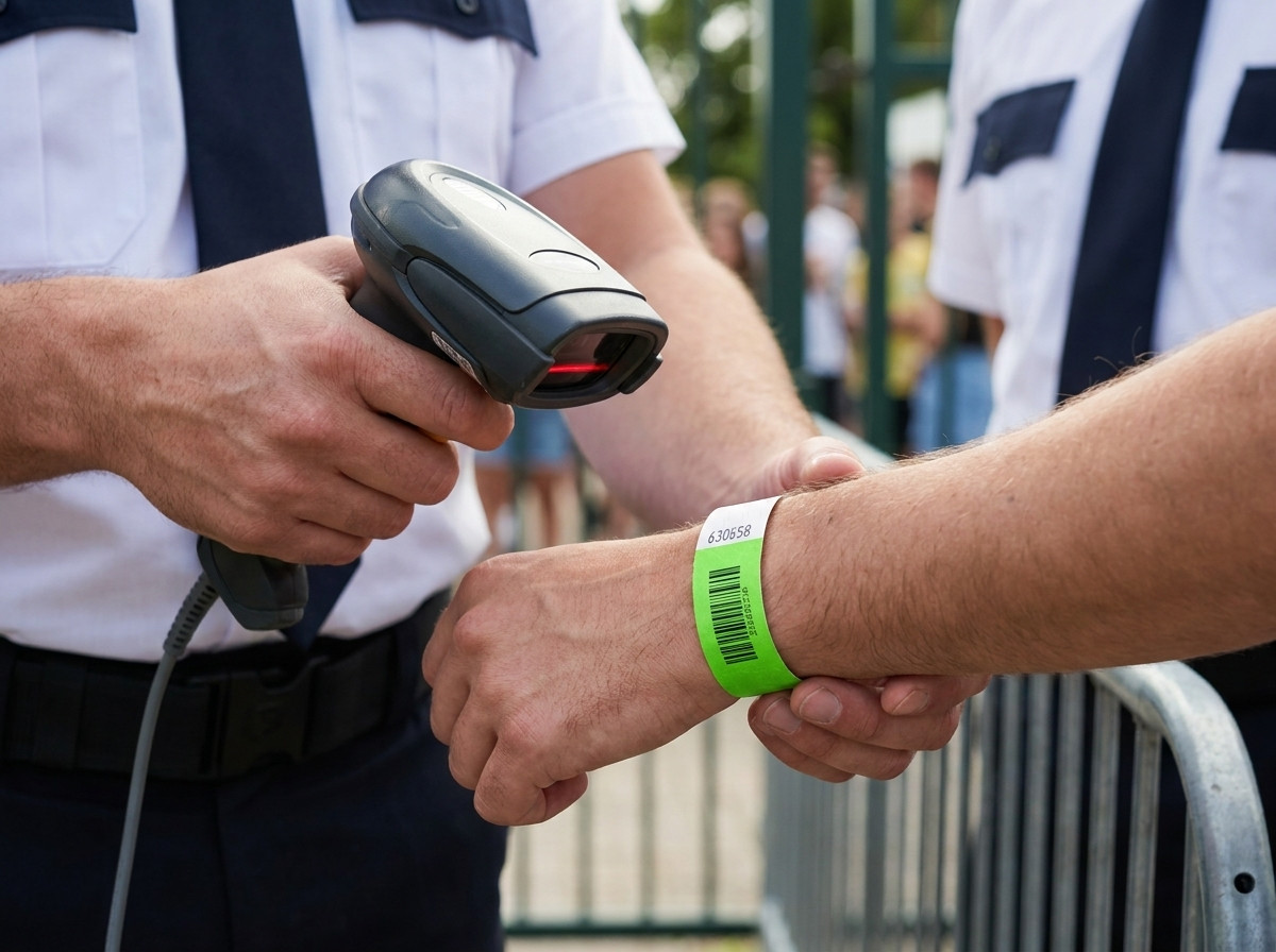 Agente di sicurezza che scansiona il codice a barre di un braccialetto Tyvek al controllo accessi di un festival allaperto, con scanner laser in mano