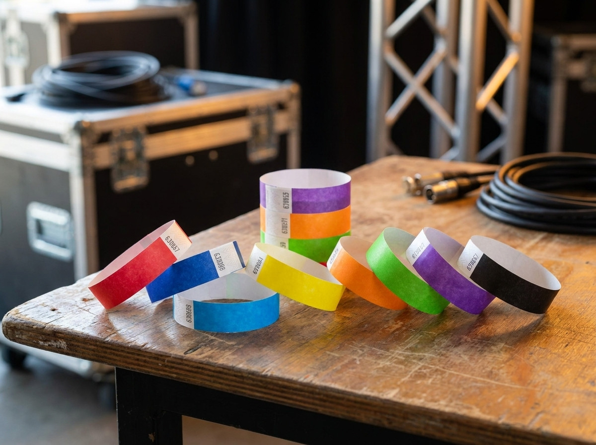 Assortimento di braccialetti backstage concerto di piu colori disposti su un tavolo di produzione scenica