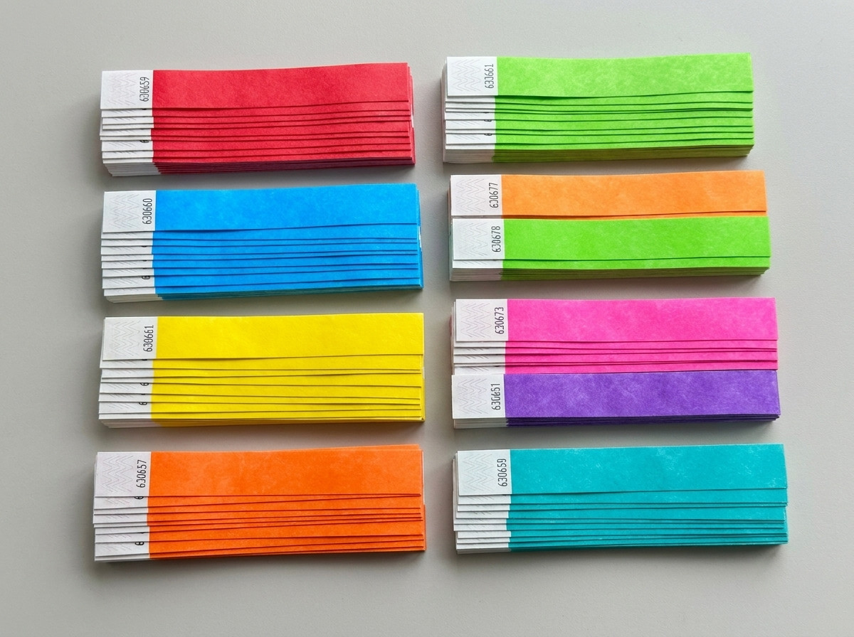 Braccialetti in Tyvek colorati per festival multi-palco, impilati per colore a rappresentare ogni palco e ogni giorno