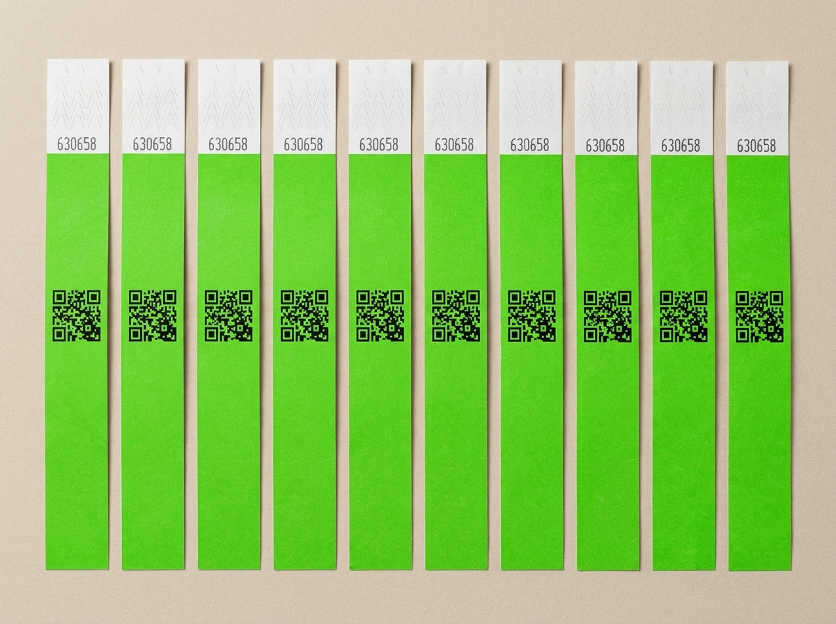 braccialetti identificativi anti-frode numerati allineati, con chiusura anti-trasferimento e codice QR stampato in alta definizione