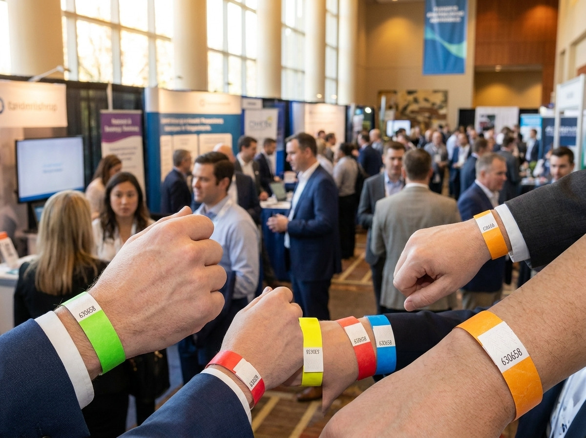 Braccialetti in Tyvek colorati indossati da professionisti all ingresso di un salone B2B, con codice a barre visibile e chiusura anti-trasferimento