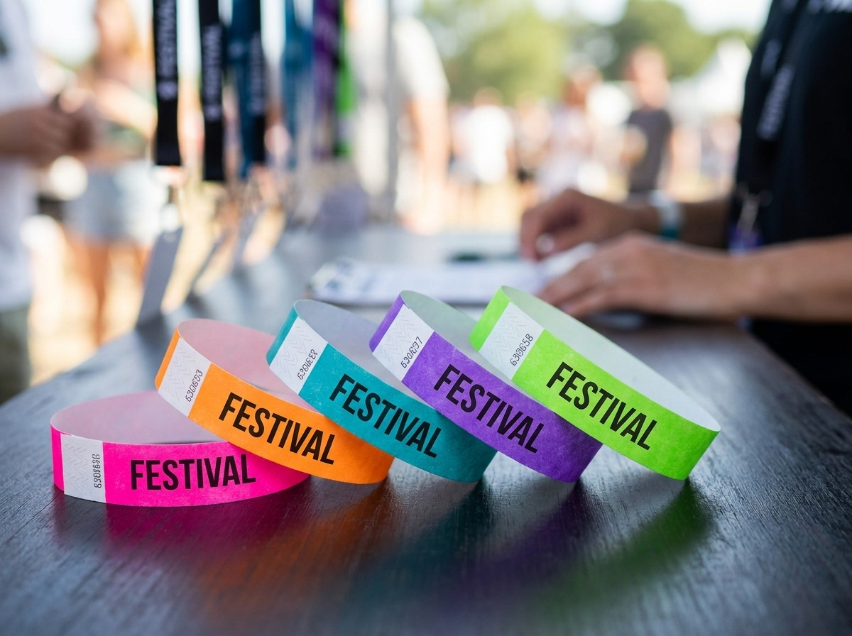 Braccialetti festival personalizzati in Tyvek multicolori con stampa HD e chiusura anti-trasferimento, posati su un tavolo di regia eventi