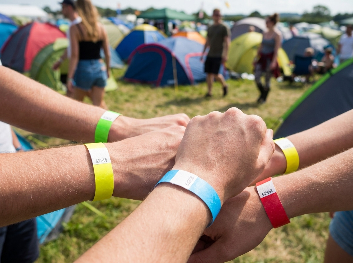 braccialetti identificativi colorati indossati da partecipanti a un festival davanti a un campeggio all aperto con tende sullo sfondo