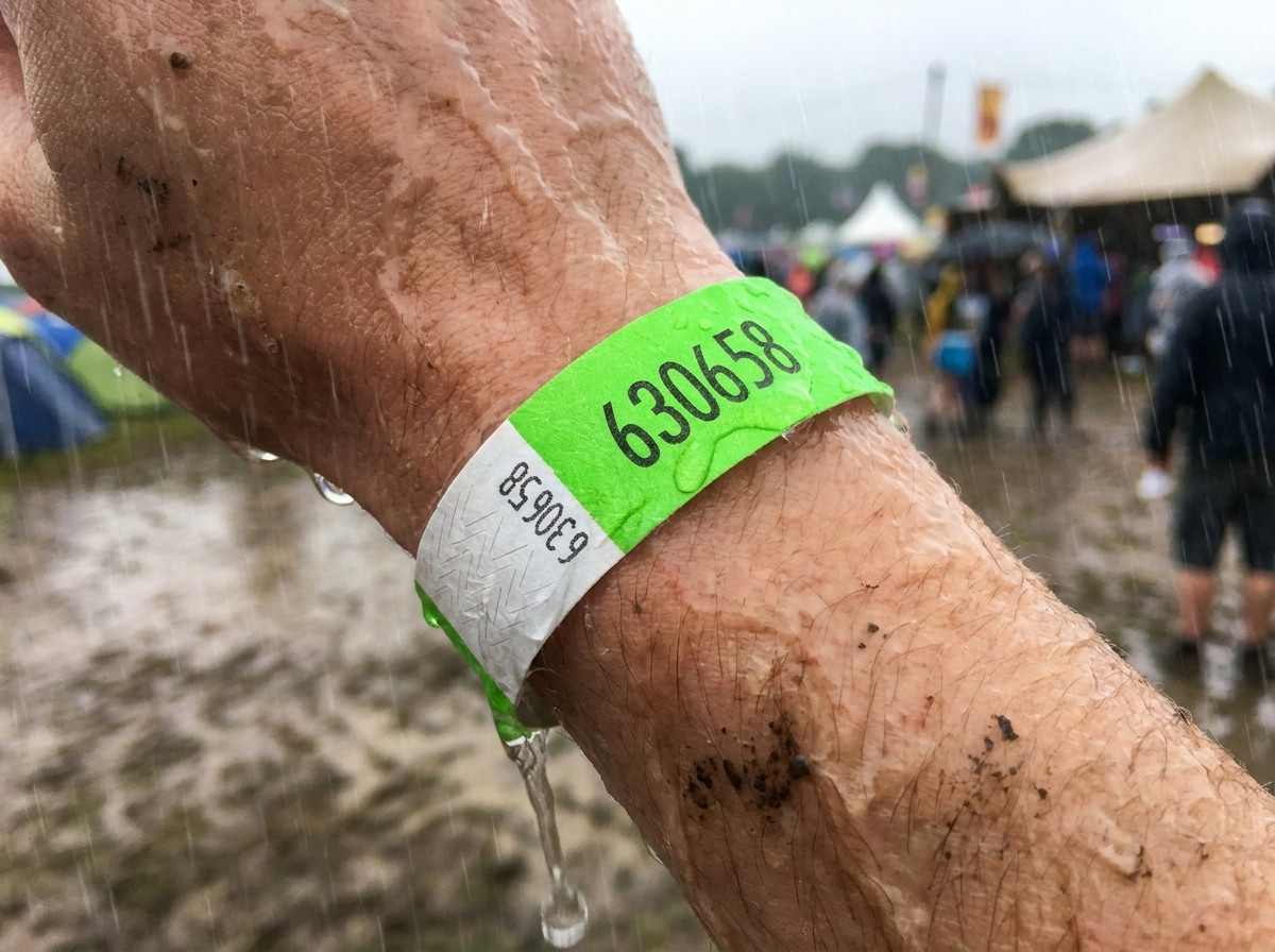 Primo piano su un braccialetto identificativo personalizzato indossato al polso durante un festival di più giorni sotto la pioggia, rimasto integro e leggibile