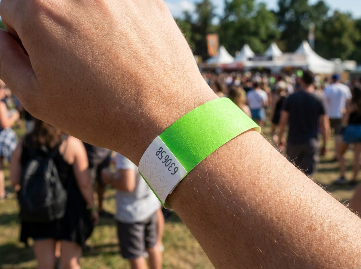 Braccialetto in vinile PVC con foto stampata in alta definizione, indossato al polso durante un festival allaperto