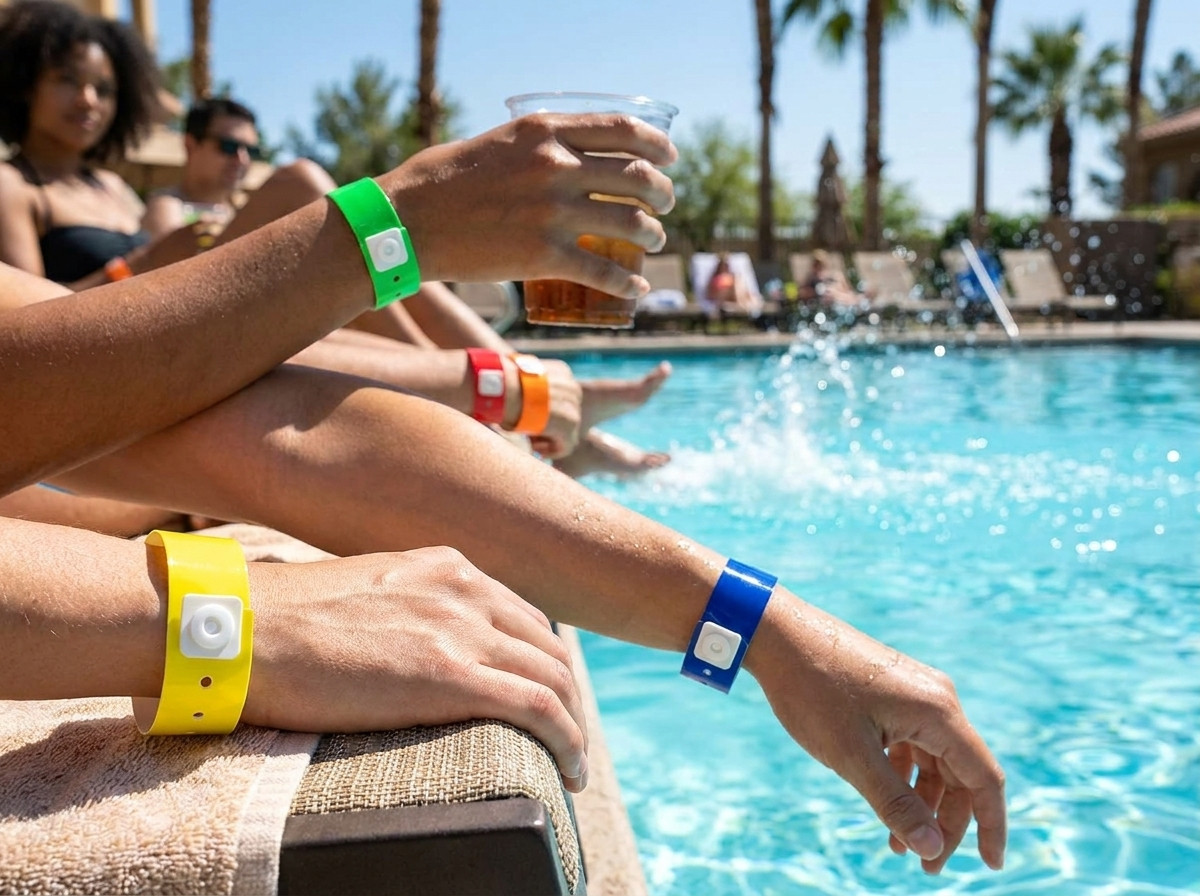 Braccialetti in vinile colorati indossati al polso da clienti ai bordi di una piscina esterna di hotel soleggiata