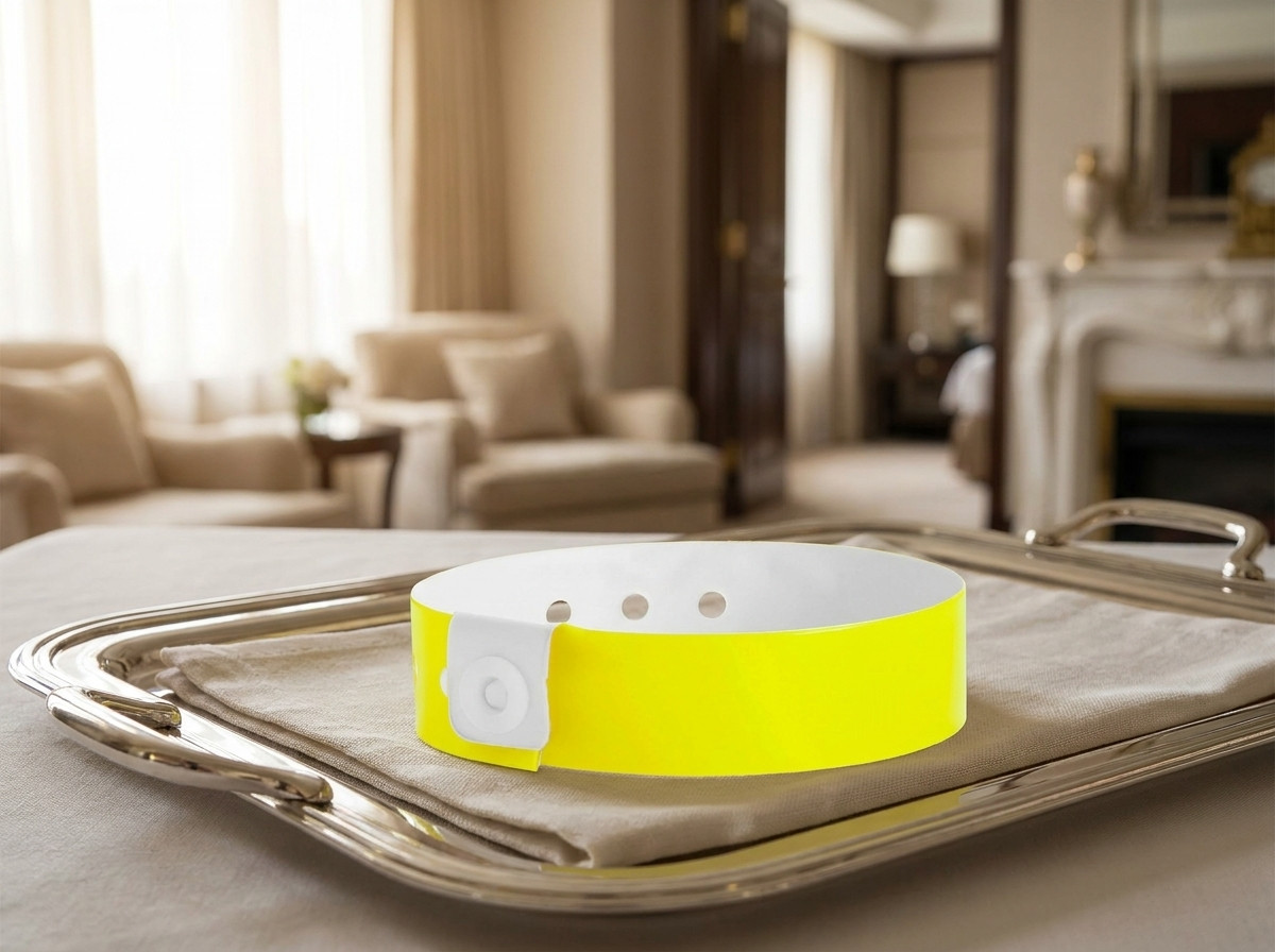 Braccialetto VIP personalizzato per cliente di suite alberghiera, posato su un vassoio di servizio elegante