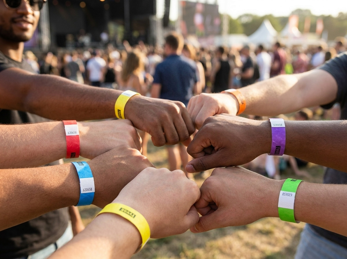 Braccialetti Tyvek multicolori per identificare le categorie di visitatori durante un festival all aperto