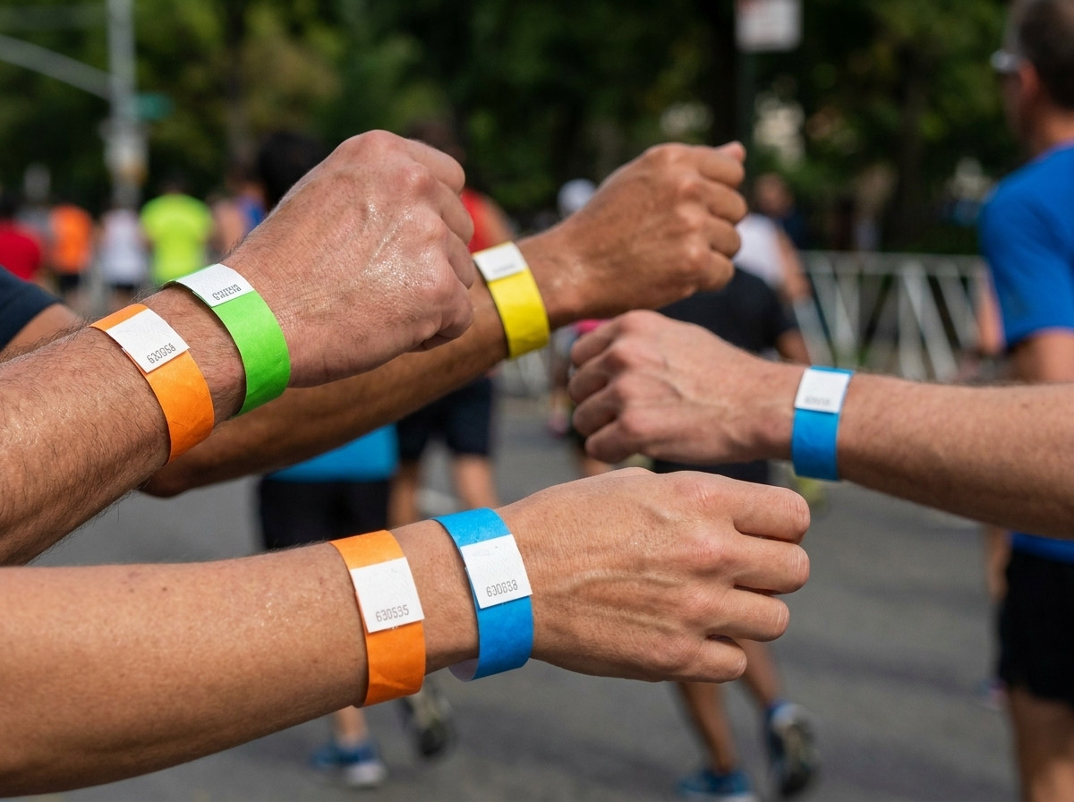 Corridori con braccialetti di identificazione colorati durante una maratona urbana