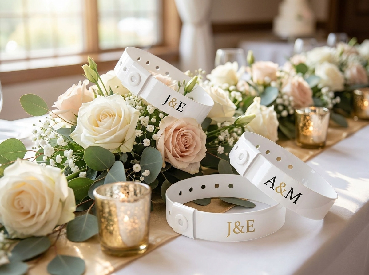 Braccialetti matrimonio personalizzati in bianco con iniziali dorate disposti su un tavolo di decorazione floreale