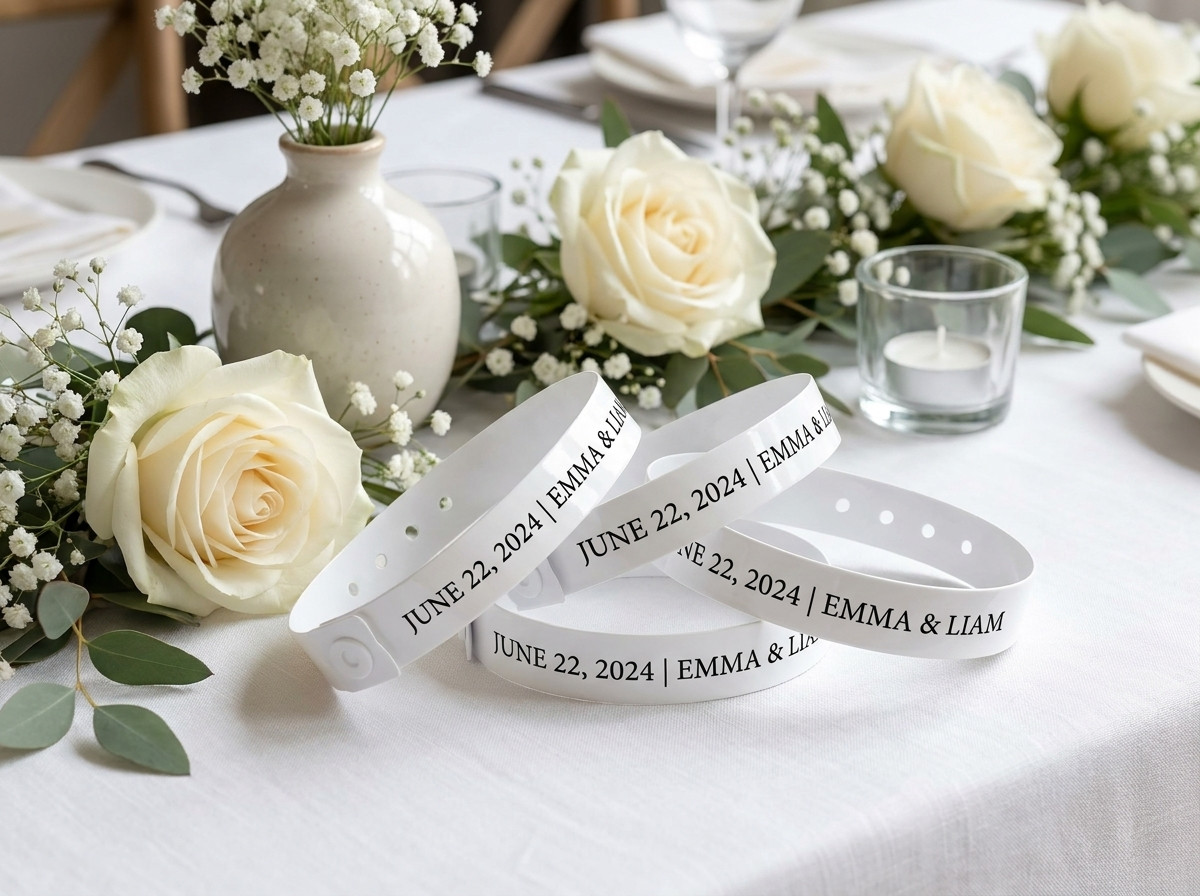 Braccialetti Tyvek bianchi personalizzati con nomi degli sposi e data, posati su un tavolo matrimoniale decorato con fiori