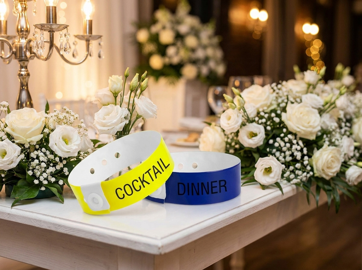Due tipi di braccialetti per matrimonio posati fianco a fianco su un tavolo di ricevimento decorato con fiori bianchi, a illustrare la distinzione tra cocktail e cena