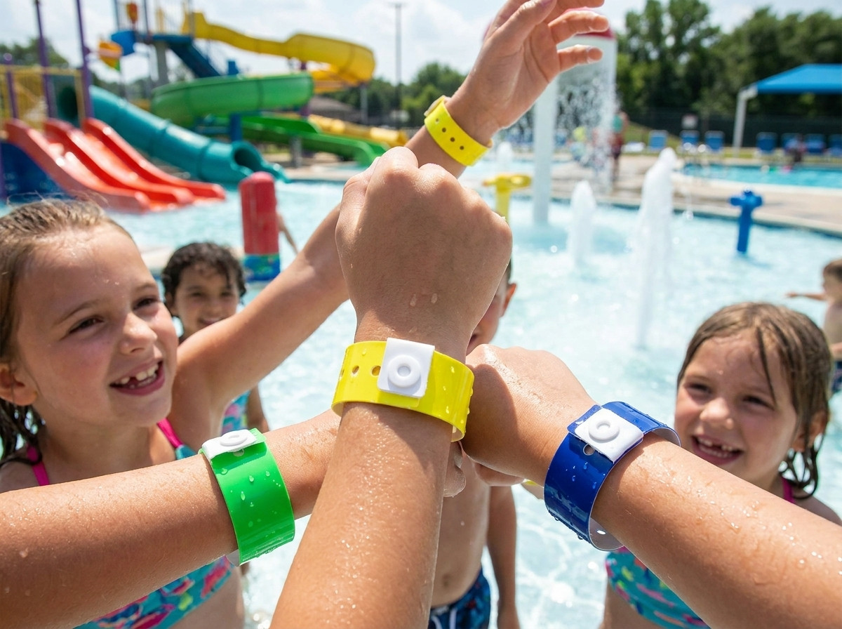 Braccialetti in vinile impermeabili colorati indossati da bambini in un parco acquatico soleggiato