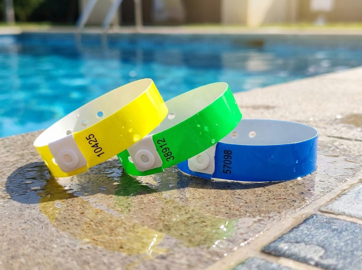 Braccialetti in vinile PVC personalizzati per abbonamento piscina, con numero di abbonato e QR code, posati sul bordo di una vasca