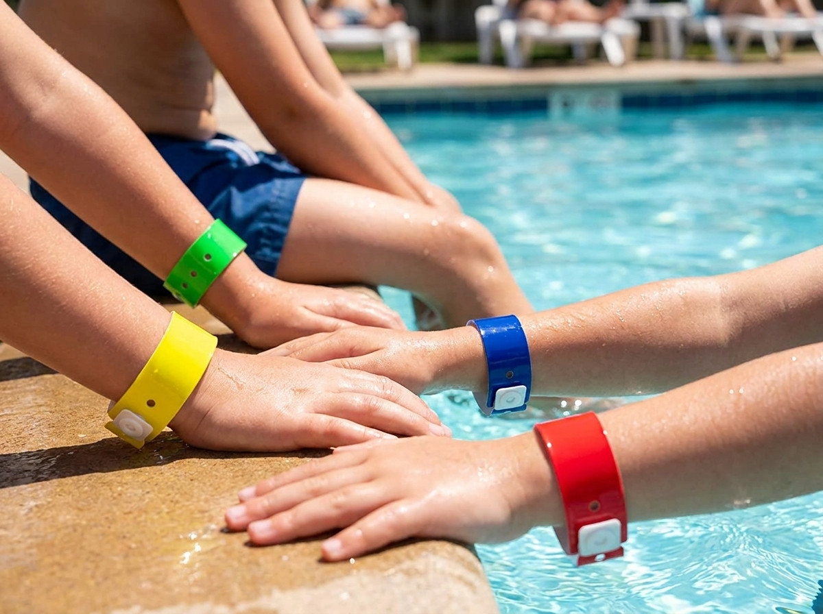 Braccialetti in vinile colorati giallo verde blu rosso indossati da bambini ai bordi di una piscina coperta durante una lezione di nuoto