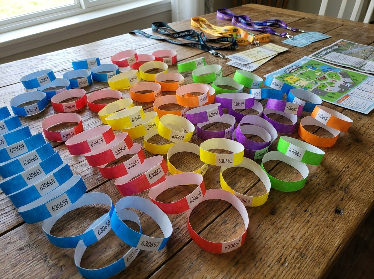 Braccialetti sicurezza anti-trasferimento colorati preparati per un grande festival, con chiusure antimanomissione e numerazione sequenziale stampata