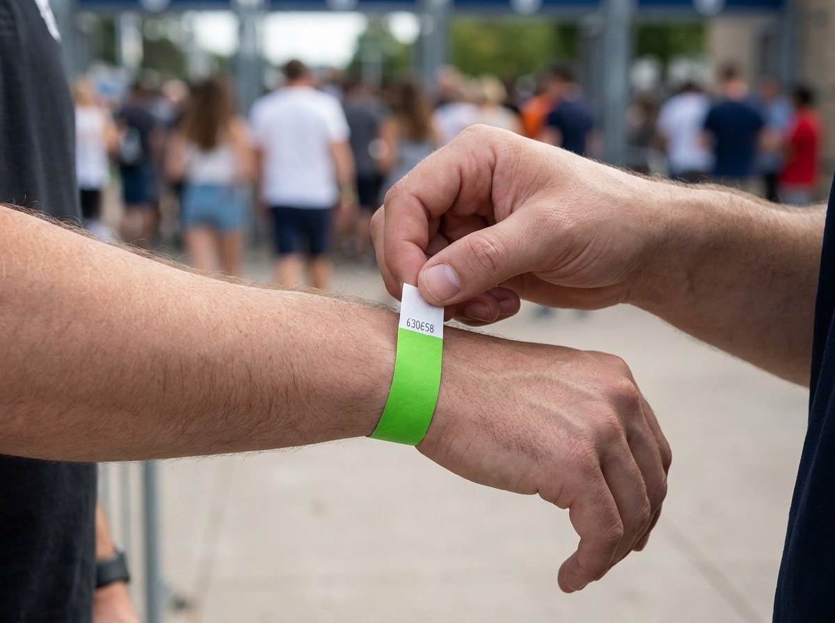 Agente di sicurezza che controlla braccialetti anti-trasferimento all ingresso di un grande festival all aperto, folla visibile sullo sfondo