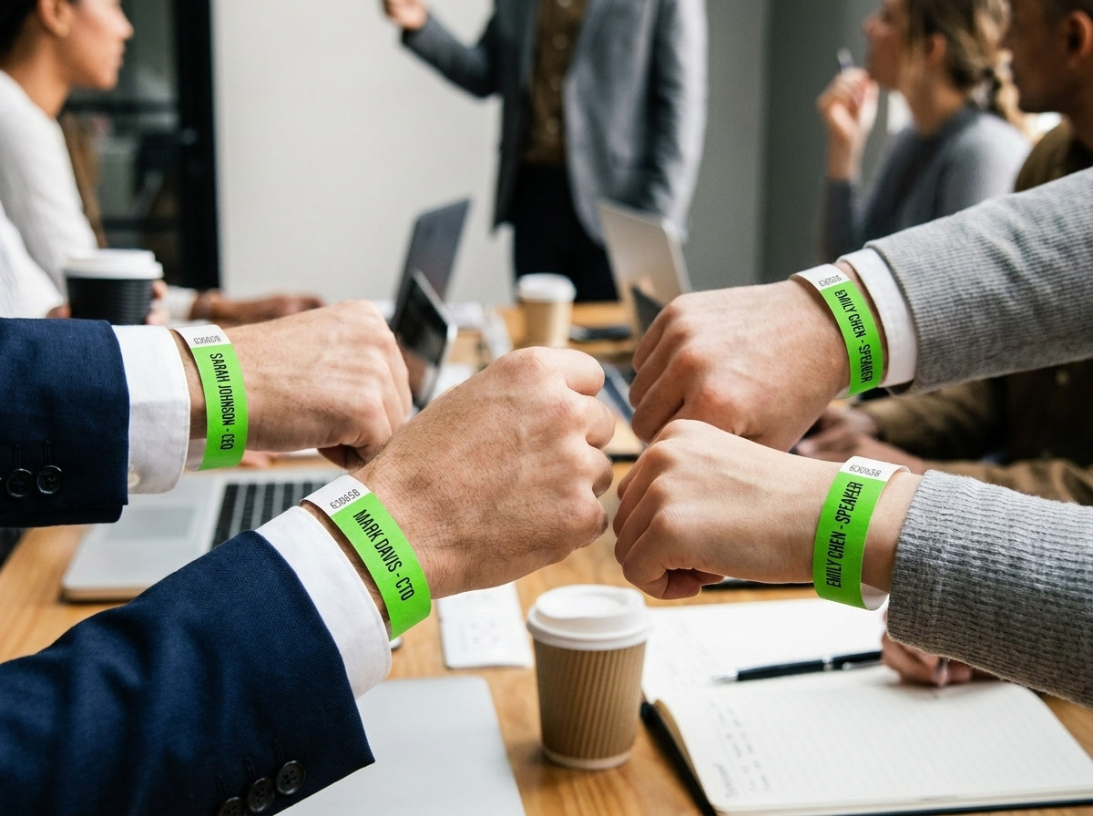 braccialetti identificativi nominativi per conferenza professionale, con nome e funzione stampati in alta definizione, indossati al polso dai partecipanti durante un congresso