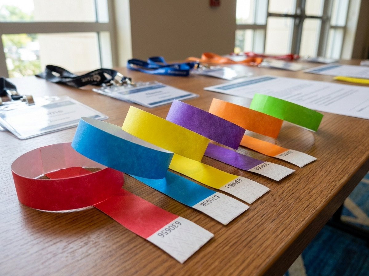braccialetti identificativi personalizzati disposti su un tavolo di registrazione durante un congresso professionale multi-giorno, con loghi e codici colore distinti per tipo di pass