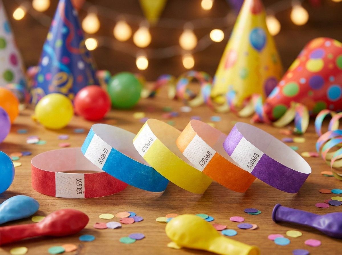 Braccialetti serata personalizzati in Tyvek colorati, stampati in HD, posati su un tavolo con decorazioni per la festa