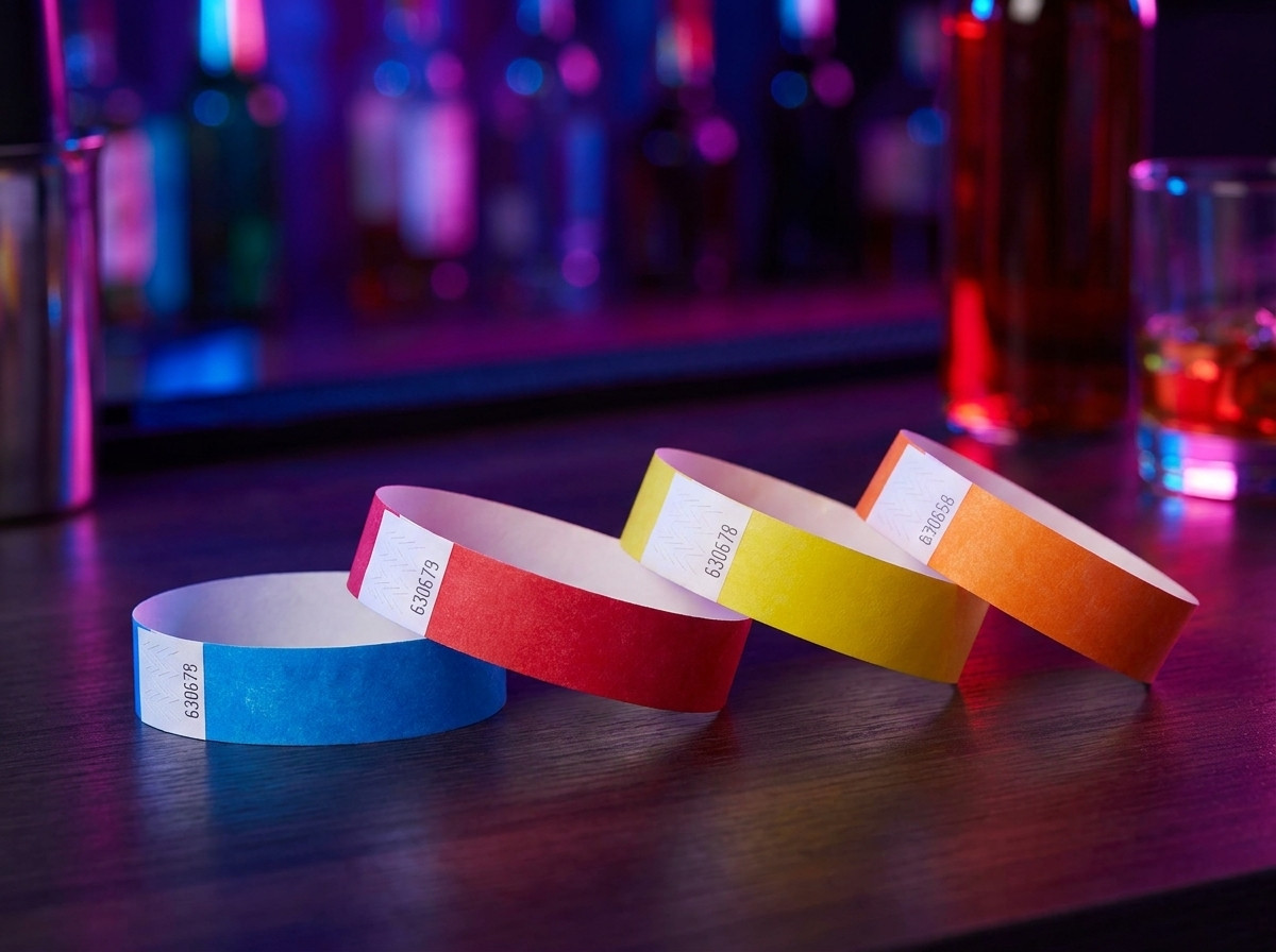 Braccialetti in vinile PVC colorati per accesso VIP in una discoteca, disposti su un bancone bar con luci ambientali