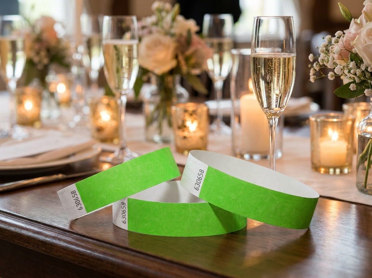 Braccialetti Tyvek personalizzati per una serata privata elegante, posati su un tavolo decorato con calici da champagne
