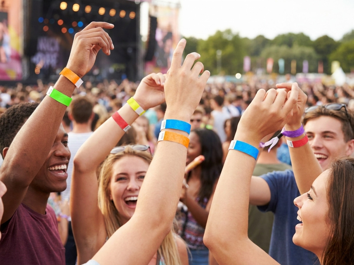 Braccialetti Tyvek colorati indossati da partecipanti a un festival durante un concerto all aperto, a illustrare la loro resistenza e il loro comfort