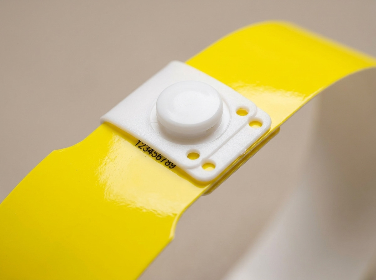 Primo piano su un braccialetto in vinile PVC giallo con chiusura a pressione in plastica